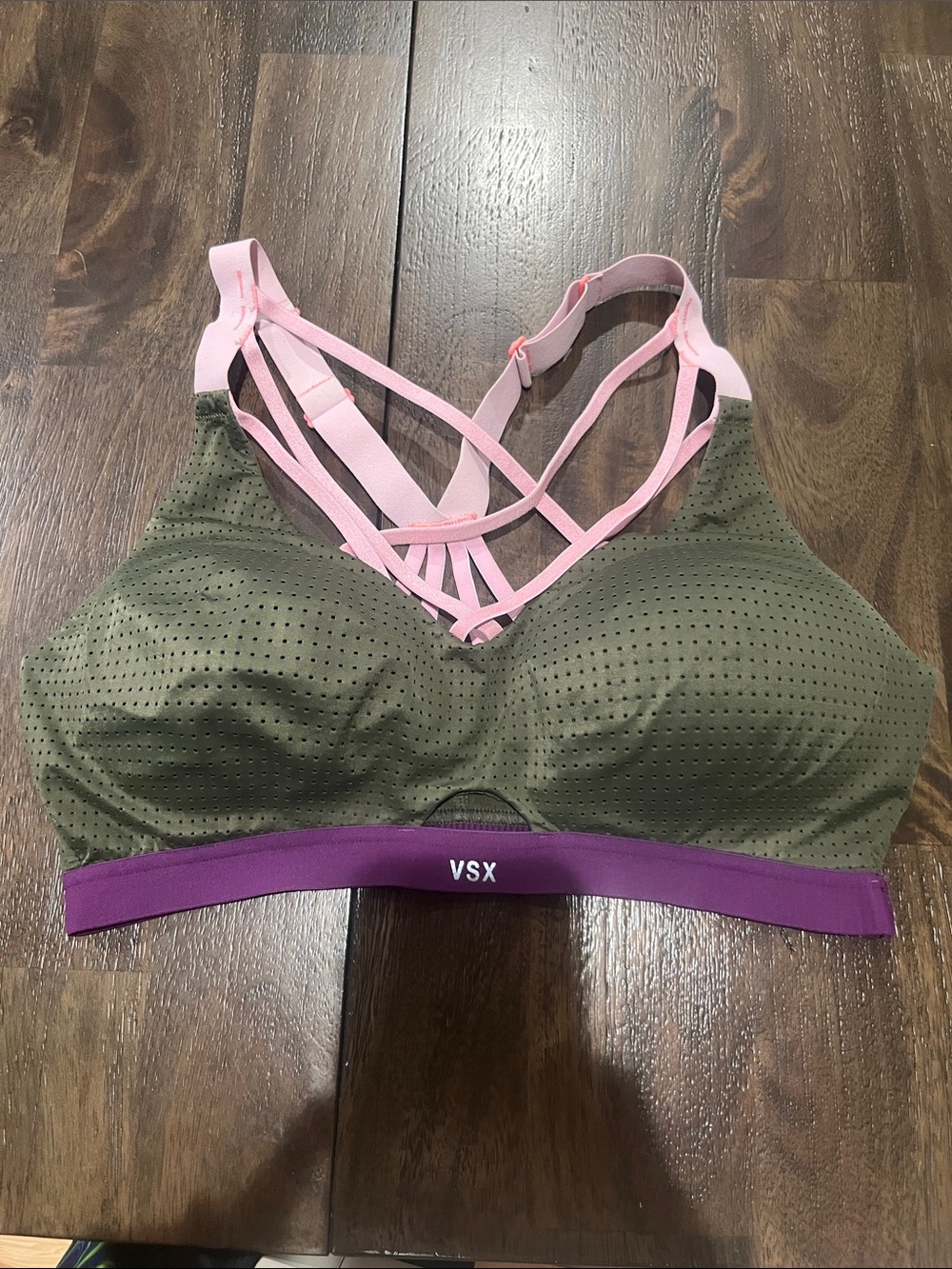 Victoria's Secret Olive Green & Pink Strappy Sports Bra with Purple Band
